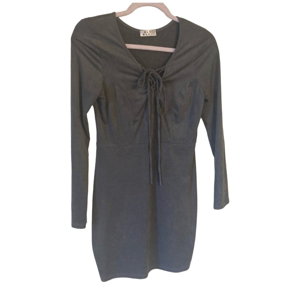 Y2K Blue Blush Tie Front Fitted Gray Mini Dress Faux Suede Long Sleeves Medium